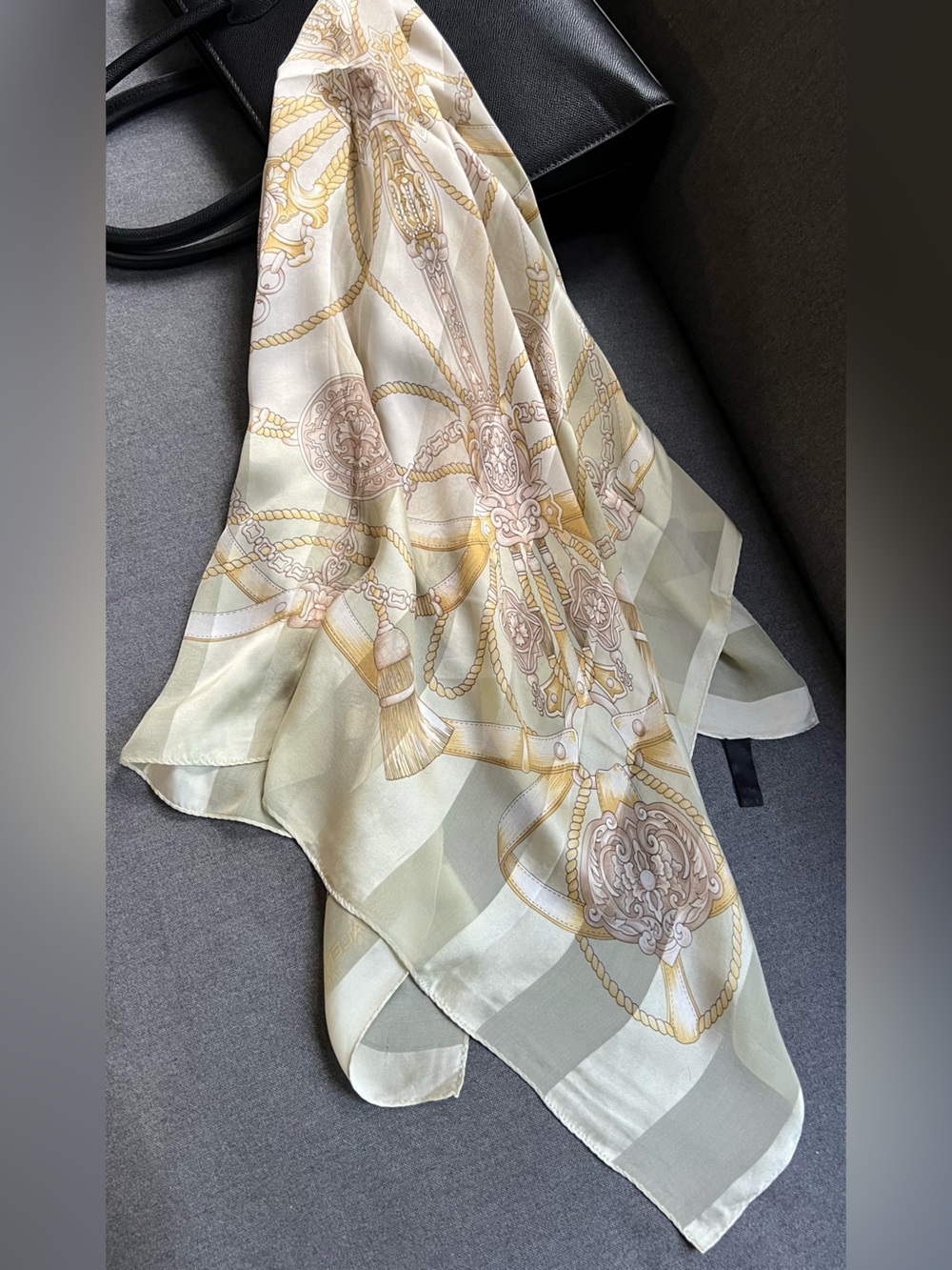 BALENCIAGA Paris Silk Square Scarf 34” Beige Gold Rope Tassel Crest Vintage - Picture 2 of 12